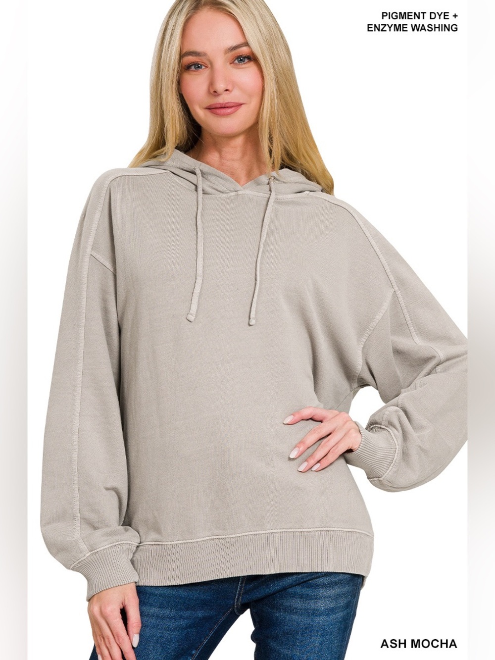 Zenana Ash Mocha Pigment Dye & Enzyme Washed French Terry Hoodie